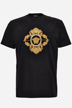 T-Shirt In Compact Cotton Jersey Fabric + Architectural Barocco Crest Embroidery