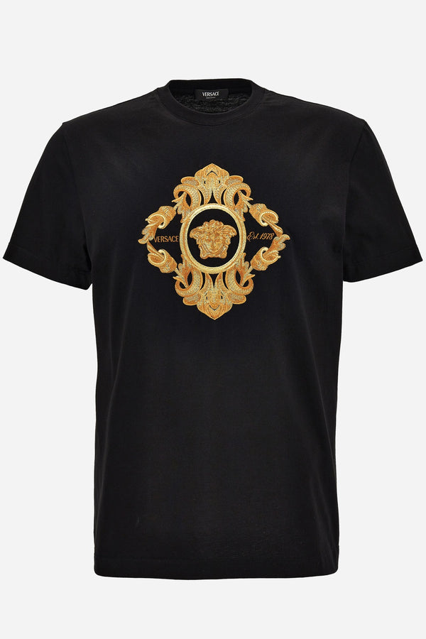 T-Shirt In Compact Cotton Jersey Fabric + Architectural Barocco Crest Embroidery