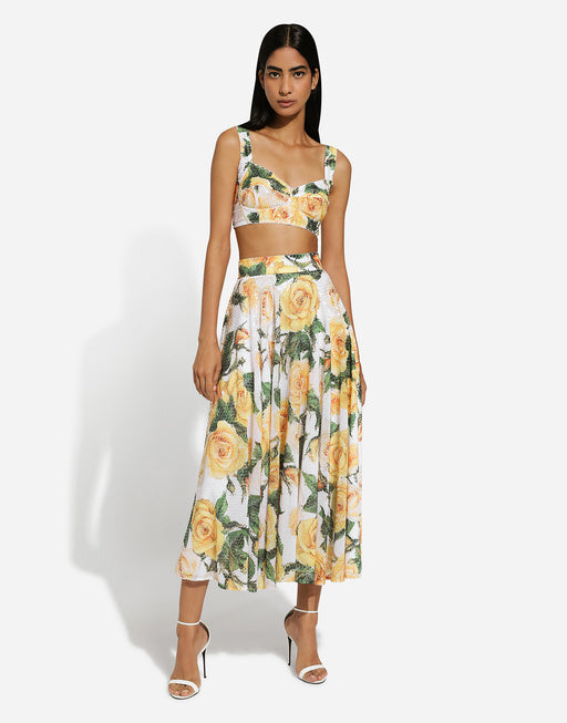 SEQUINED MIDI CIRCLE SKIRT WITH YELLOW ROSE PRINT