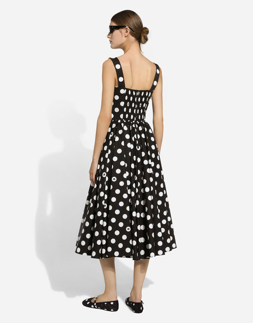 COTTON CALF-LENGTH CORSET DRESS WITH POLKA-DOT PRINT