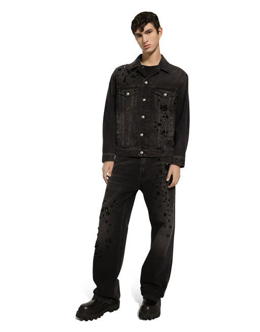 OVERSIZE WASHED JEANS WITH RHINESTONE EMBELLISHMENT