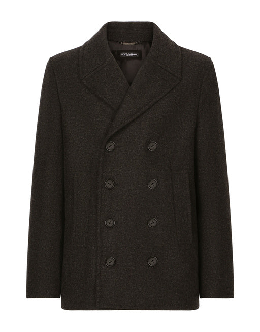 DOUBLE-BREASTED WOOL PEA COAT WITH BRANDED TAG