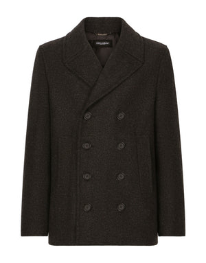 DOUBLE-BREASTED WOOL PEA COAT WITH BRANDED TAG