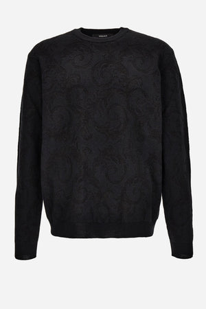 Knit Sweater In Barocco Leafy Jacquard Wool Blend