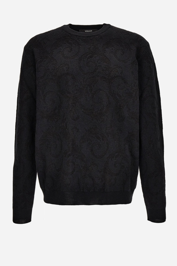 Knit Sweater In Barocco Leafy Jacquard Wool Blend