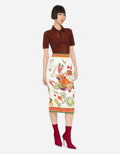 VEGETABLE-PRINT CHARMEUSE CALF-LENGTH SKIRT