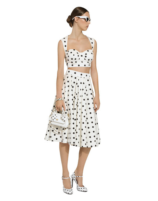 COTTON DRILL CALF-LENGTH CIRCLE SKIRT WITH POLKA-DOT PRINT