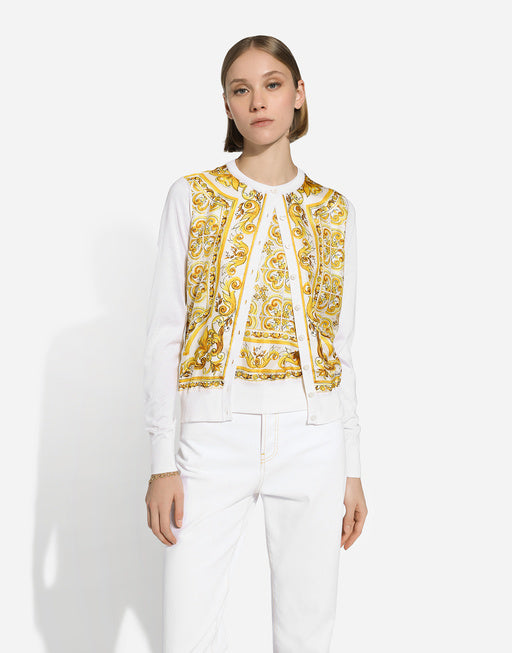 SILK CARDIGAN WITH MAJOLICA-PRINT SILK TWILL PANEL ON THE FRONT
