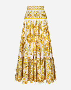 LONG MAJOLICA-PRINT POPLIN SKIRT WITH RUFFLES