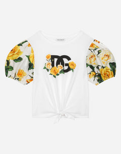 POPLIN AND JERSEY T-SHIRT WITH YELLOW ROSE PRINT AND DG LOGO