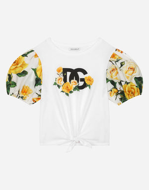 POPLIN AND JERSEY T-SHIRT WITH YELLOW ROSE PRINT AND DG LOGO