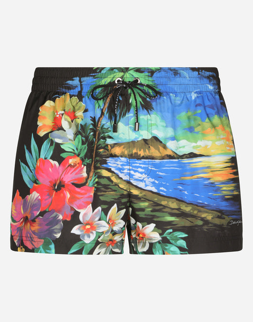 SHORT SWIM TRUNKS WITH HAWAIIAN PRINT