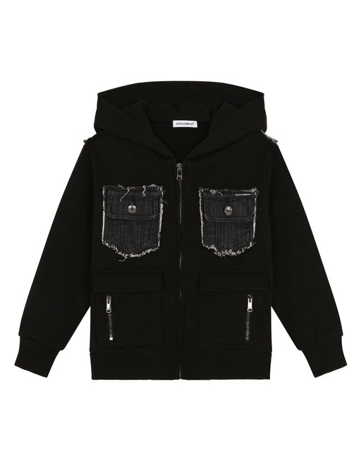 JERSEY HOODIE WITH DENIM INSERTS