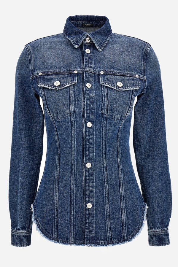 Shirt Denim In Denim Washed Medium Blue With  Frayed Edges