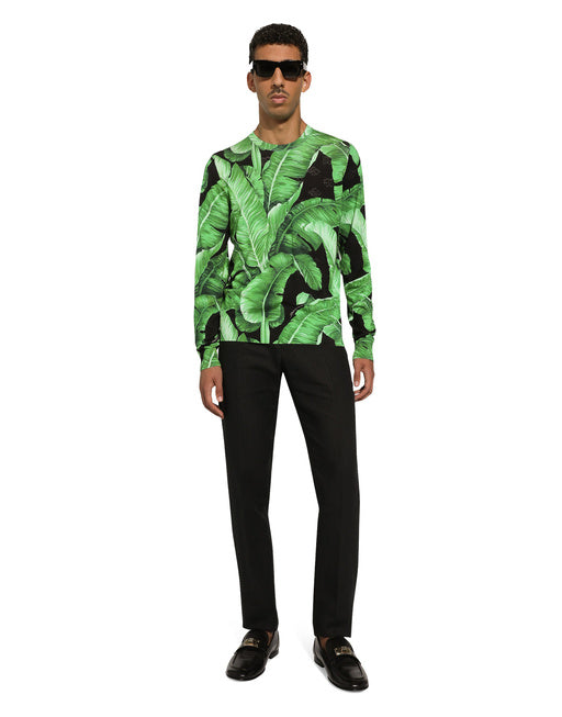 ROUND-NECK SILK SWEATER WITH BANANA TREE PRINT