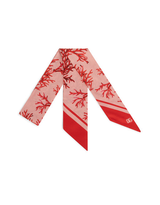 CORAL-PRINT SILK SCARF WITH PINK BACKGROUND