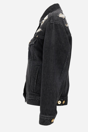Blouson Denim In Washed Black Used Effect With Metal Mesh Insert