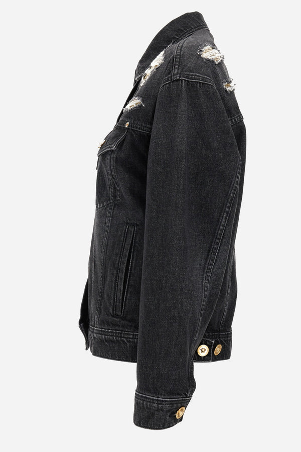 Blouson Denim In Washed Black Used Effect With Metal Mesh Insert