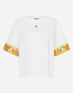 COTTON JERSEY T-SHIRT WITH MAJOLICA-PRINT SILK TWILL DETAILS