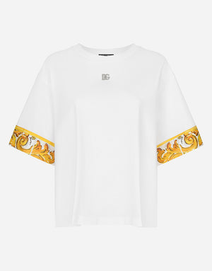 COTTON JERSEY T-SHIRT WITH MAJOLICA-PRINT SILK TWILL DETAILS
