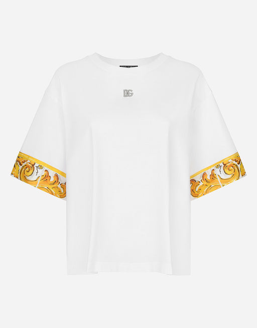 COTTON JERSEY T-SHIRT WITH MAJOLICA-PRINT SILK TWILL DETAILS