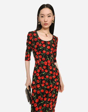 CHERRY-PRINT CHARMEUSE CALF-LENGTH DRESS
