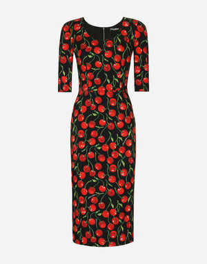 CHERRY-PRINT CHARMEUSE CALF-LENGTH DRESS