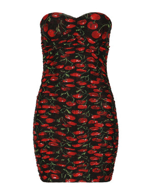 CHERRY-PRINT TULLE STRAPLESS DRESS WITH DRAPING