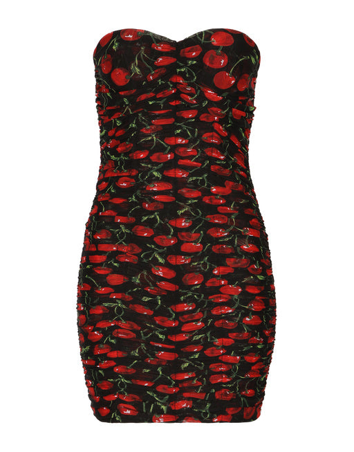 CHERRY-PRINT TULLE STRAPLESS DRESS WITH DRAPING