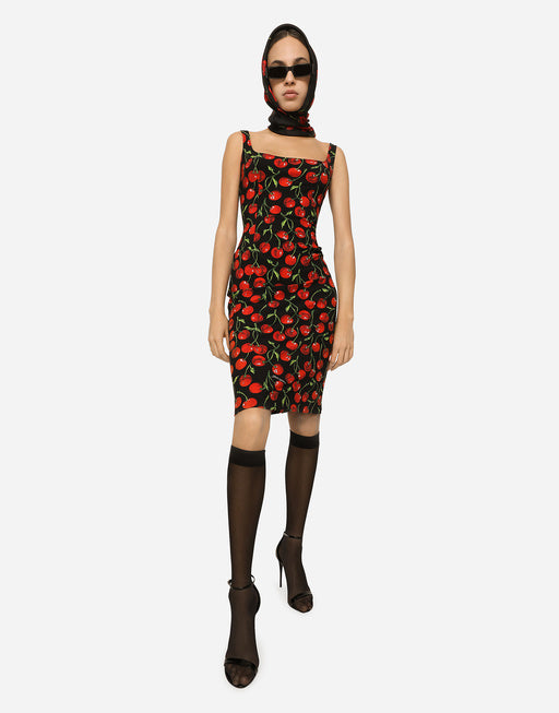 CHERRY-PRINT JERSEY MIDI DRESS