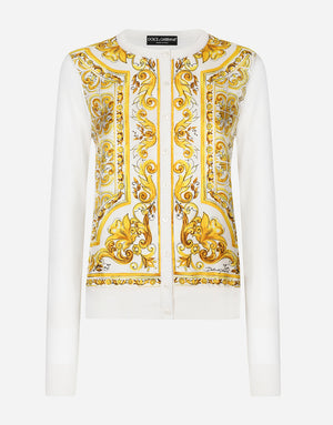 SILK CARDIGAN WITH MAJOLICA-PRINT SILK TWILL PANEL ON THE FRONT