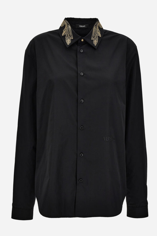 Informal Shirt In Poly Cotton Poplin Fabric-Leaf Embroidery Collar-Versace Emb.