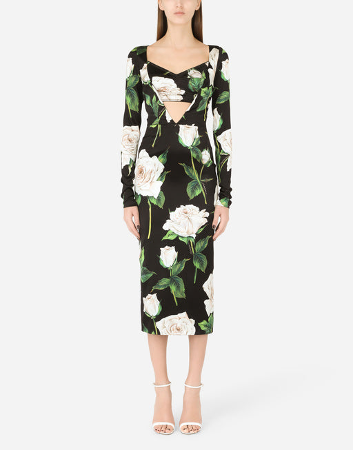 SATIN CALF-LENGTH DRESS WITH WHITE ROSE PRINT