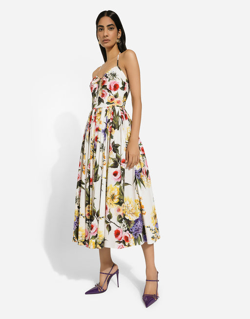 CALF-LENGTH COTTON DRESS WITH GARDEN PRINT