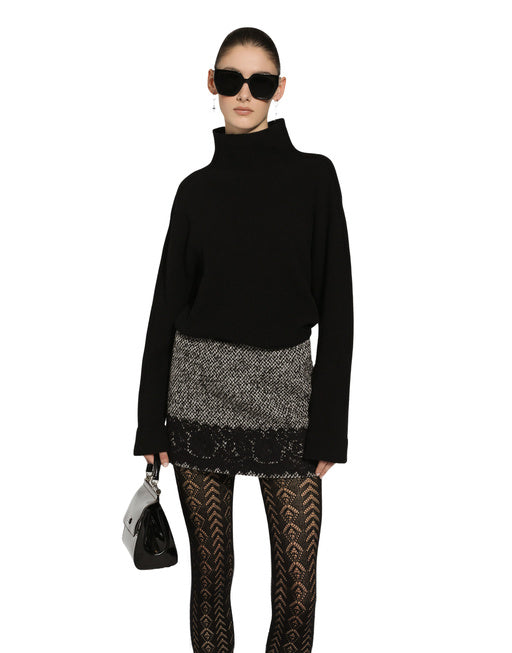 SHORT MICRO-TWEED SKIRT WITH LACE INSERT