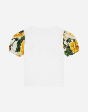 POPLIN AND JERSEY T-SHIRT WITH YELLOW ROSE PRINT AND DG LOGO