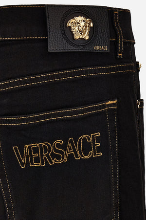Pant Denim In Black Stretch Denim Fabric-Soft Wash-Versace Embroidery