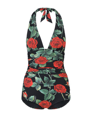 ROSE-PRINT ONE-PIECE SWIMSUIT WITH PLUNGING NECKLINE