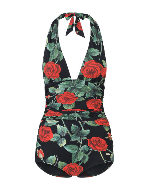 ROSE-PRINT ONE-PIECE SWIMSUIT WITH PLUNGING NECKLINE