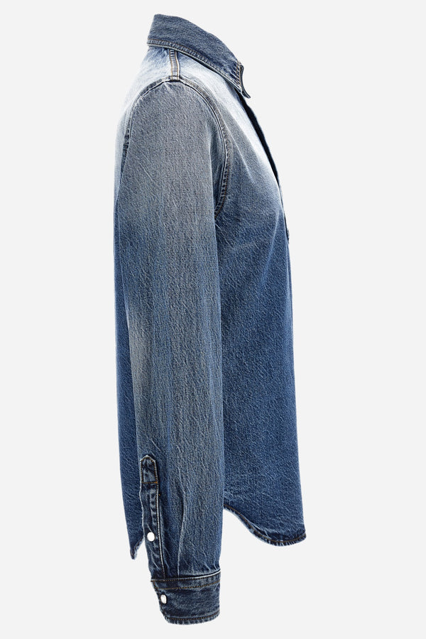 Shirt Denim In Stone Wash Blue Denim Fabric-Embossed Embroidery