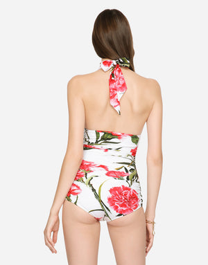 CARNATION-PRINT ONE-PIECE SWIMSUIT WITH PLUNGING NECKLINE