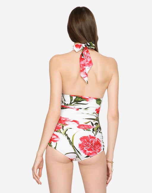 CARNATION-PRINT ONE-PIECE SWIMSUIT WITH PLUNGING NECKLINE