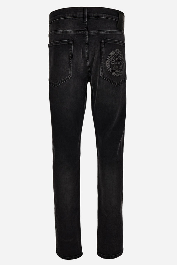 Pant Denim In Black Stretch Denim-Stone Wash-Mustache-Medusa Embroidery