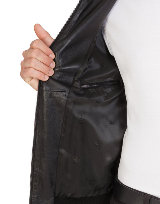 LEATHER JACKET WITH HOOD AND LOGO PLAQUE