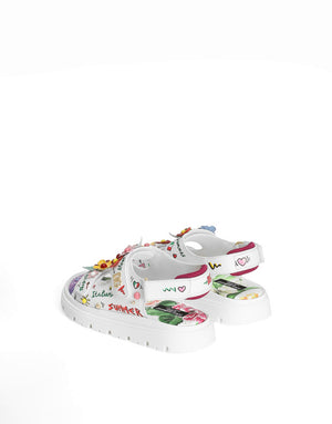 PRINTED CALFSKIN SANDALS WITH FLOWERS AND DG LOGO