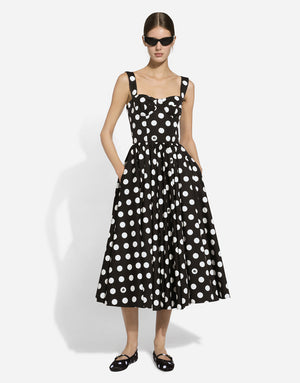 COTTON CALF-LENGTH CORSET DRESS WITH POLKA-DOT PRINT