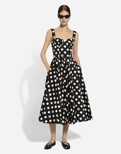 COTTON CALF-LENGTH CORSET DRESS WITH POLKA-DOT PRINT