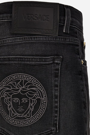 Pant Denim In Black Stretch Denim-Stone Wash-Mustache-Medusa Embroidery