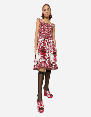 MIDI CORSET DRESS IN COTTON POPLIN WITH MAJOLICA PRINT