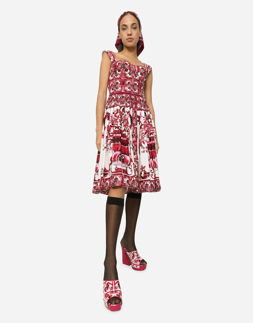 MIDI CORSET DRESS IN COTTON POPLIN WITH MAJOLICA PRINT